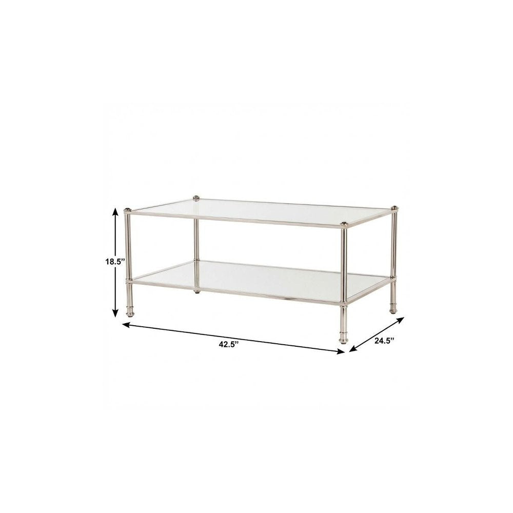 43" Silver Mirrored And Metal Rectangular Mirrored Coffee Table