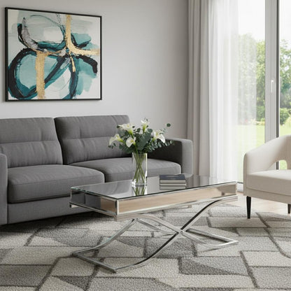 42" Silver Mirrored And Metal Rectangular Mirrored Coffee Table