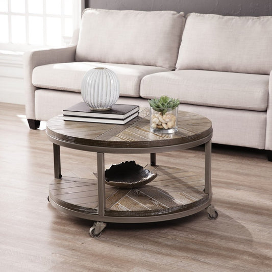 32" Brown Wood And Iron With Iron Round Distressed Coffee Table
