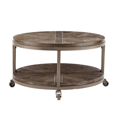 32" Brown Wood And Iron With Iron Round Distressed Coffee Table