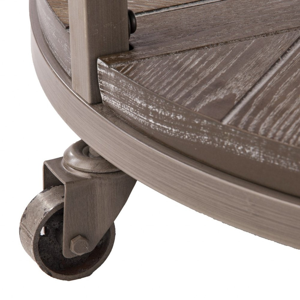 32" Brown Wood And Iron With Iron Round Distressed Coffee Table