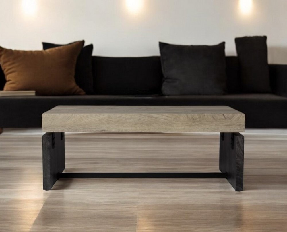 44" Natural And Black Chunky  Wood With Iron Coffee Table