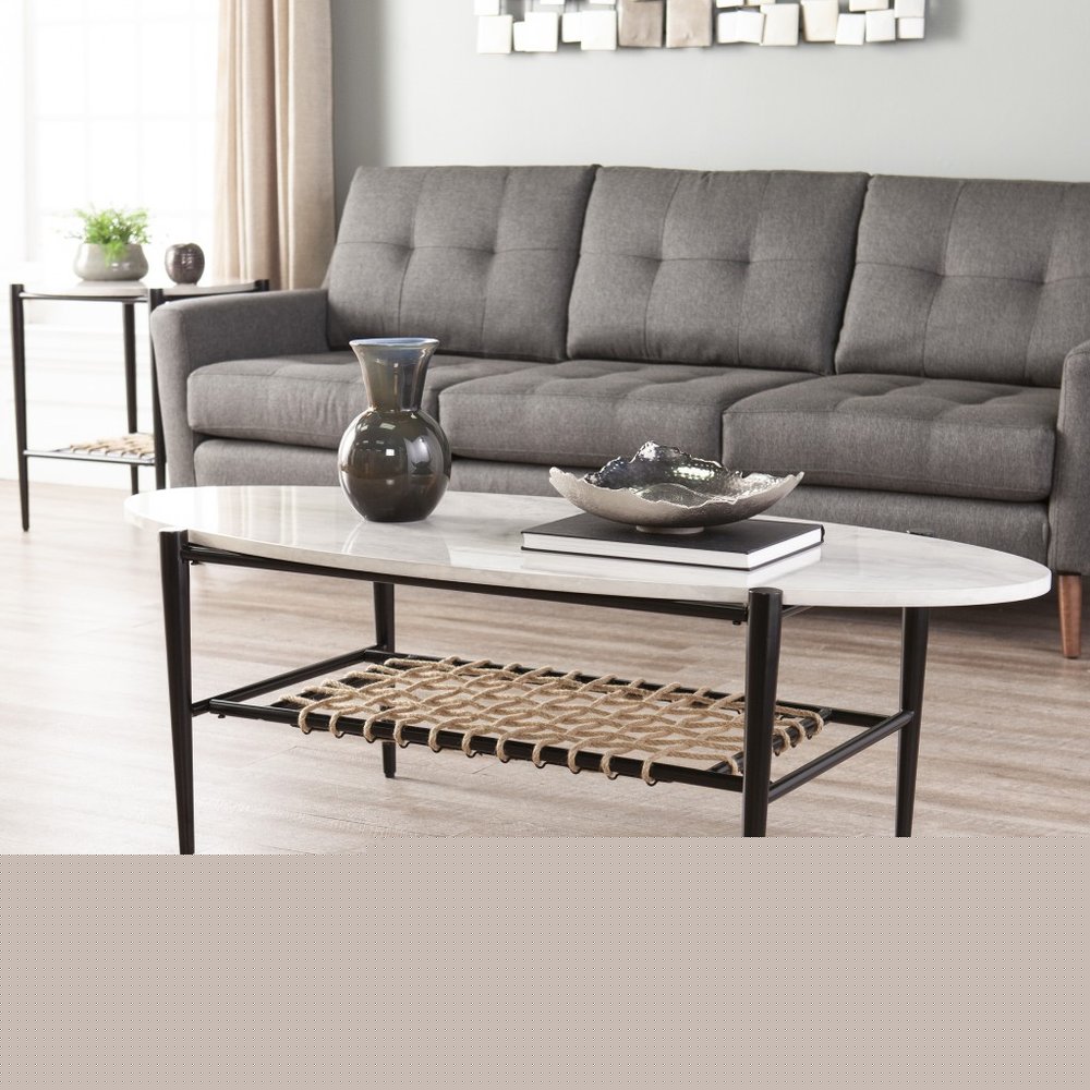 52" Black and White Metal and Faux Marble Boho Rope Oval Coffee Table
