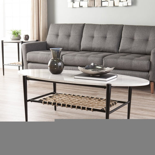 52" Black and White Metal and Faux Marble Boho Rope Oval Coffee Table