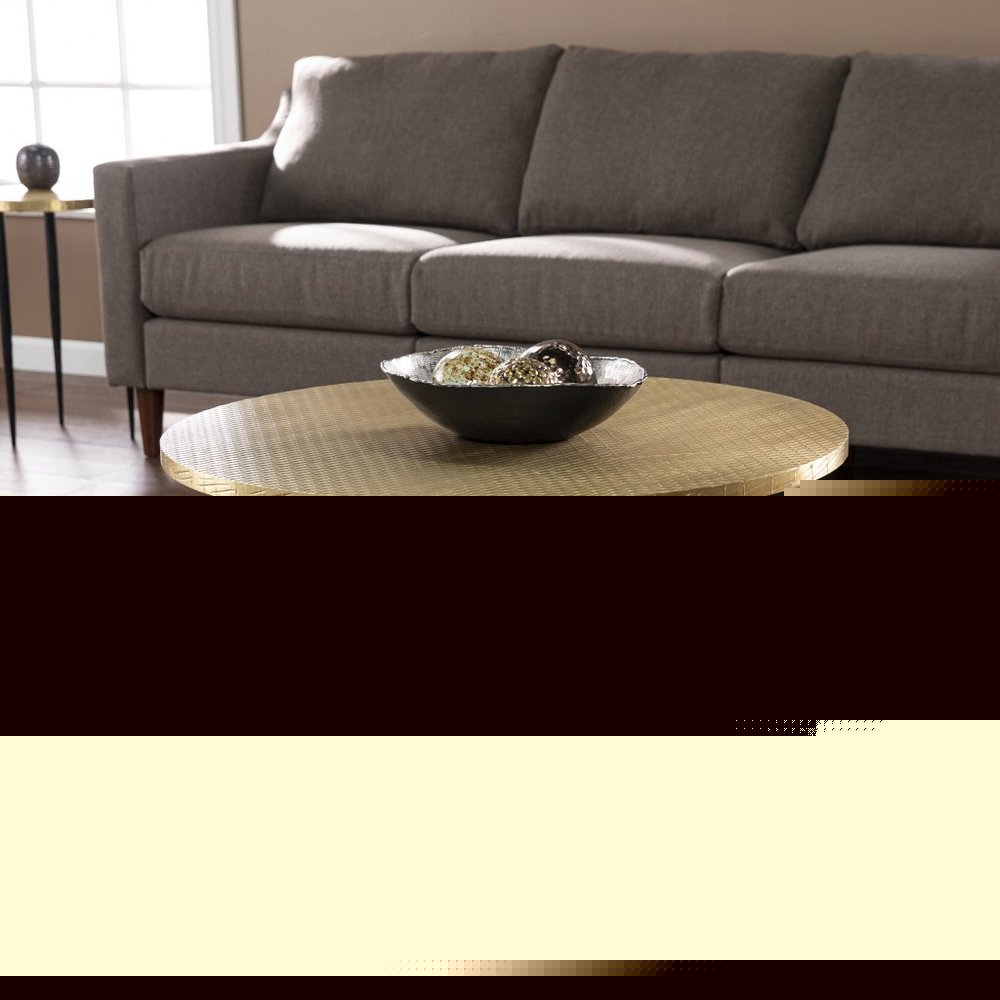 34" Black And Gold Embossed Metal Round Coffee Table