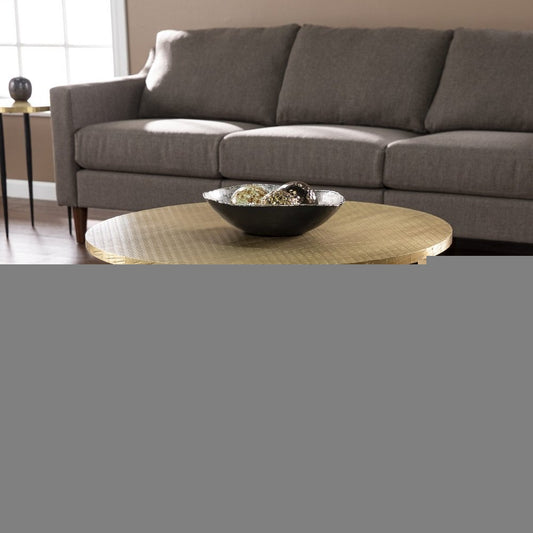 34" Black And Gold Embossed Metal Round Coffee Table