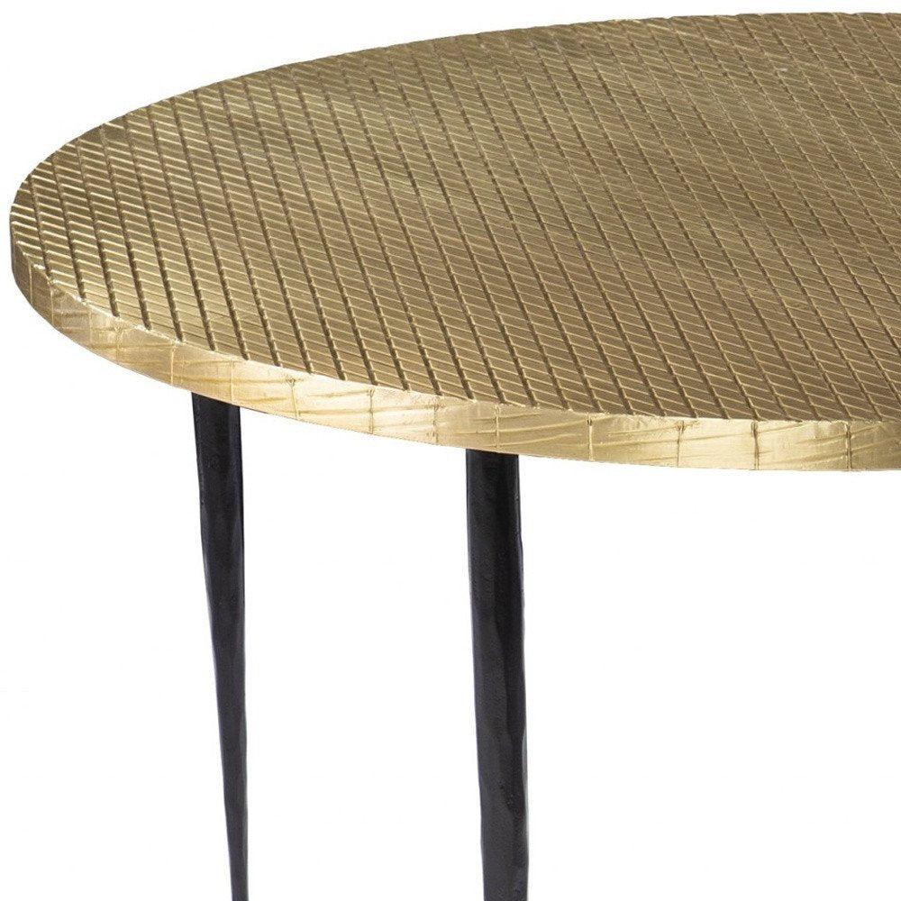 34" Black And Gold Embossed Metal Round Coffee Table