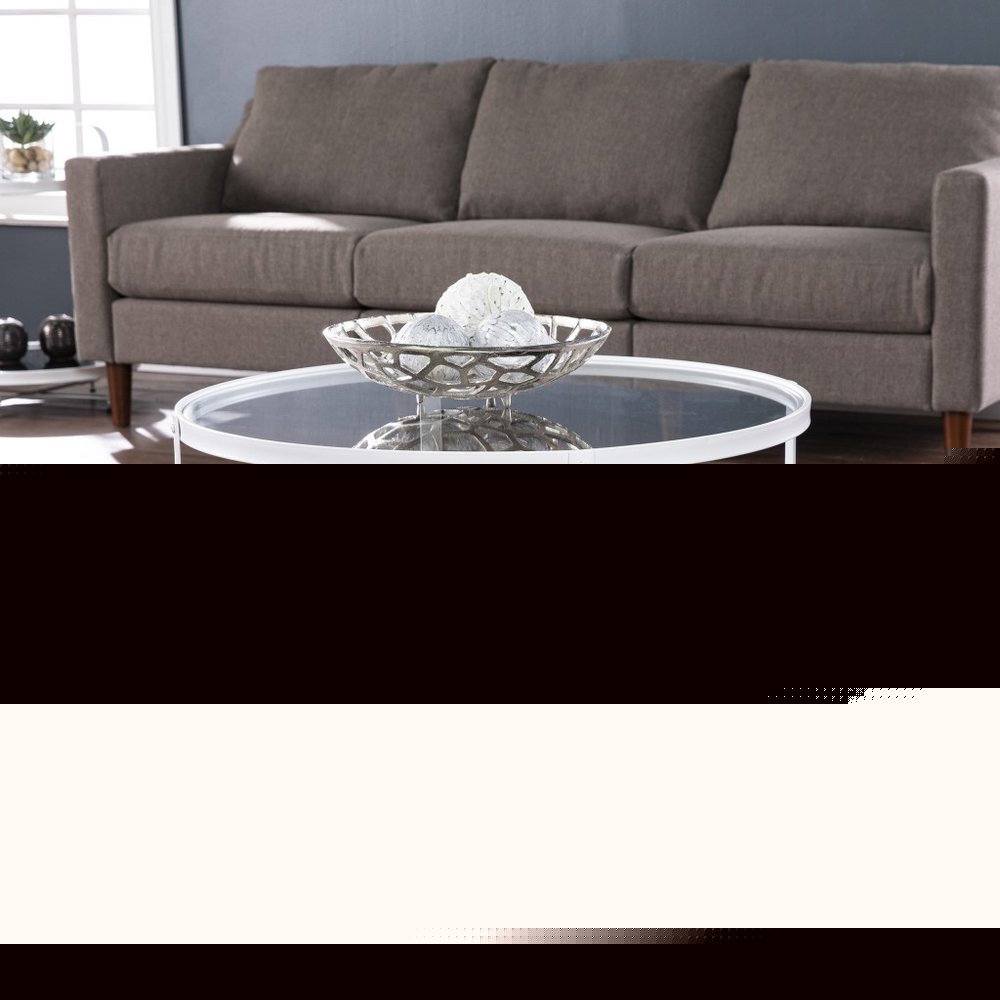 32" White Glass And Metal Two Tier Round Coffee Table