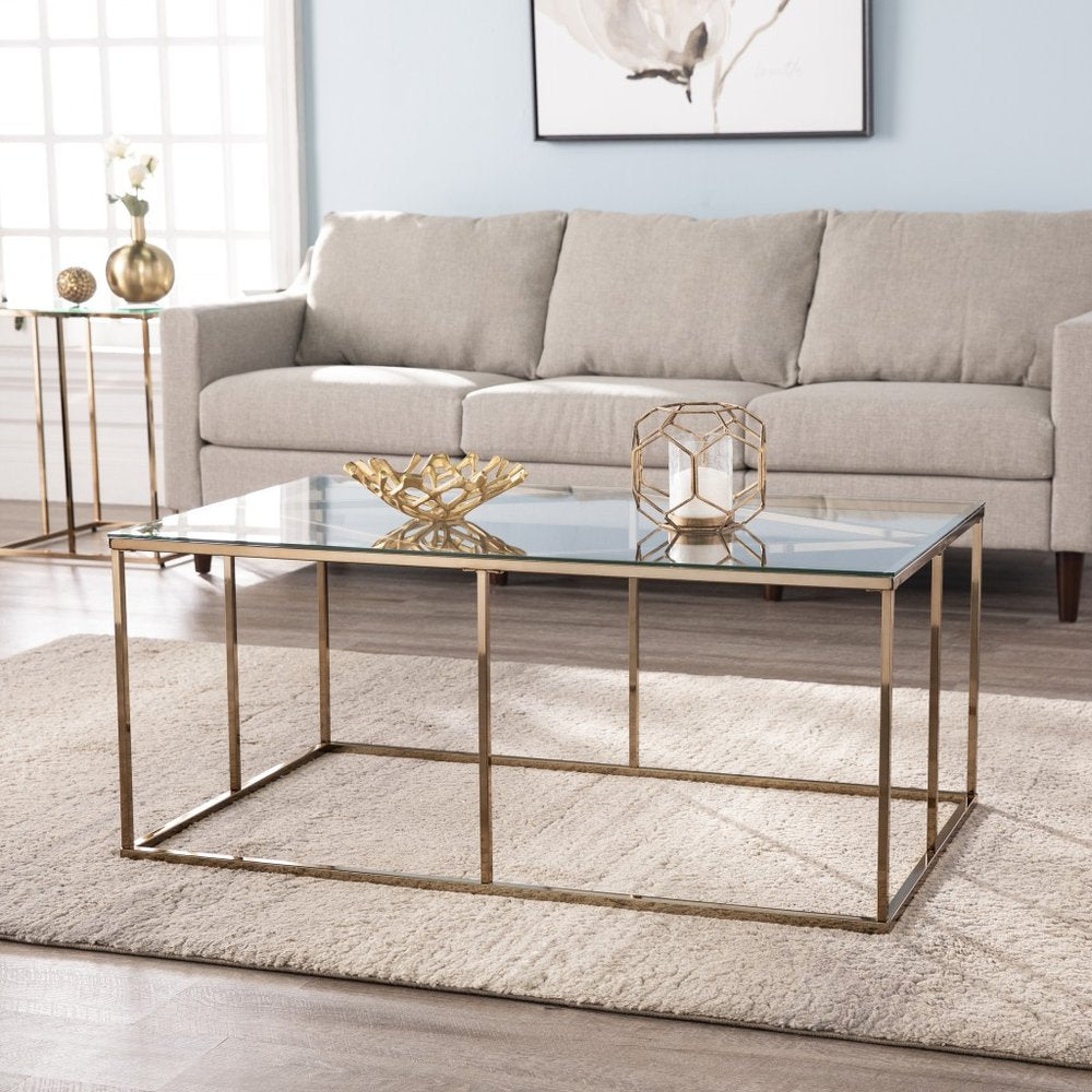 42" Clear and Champagne Glass and Metal Coffee Table