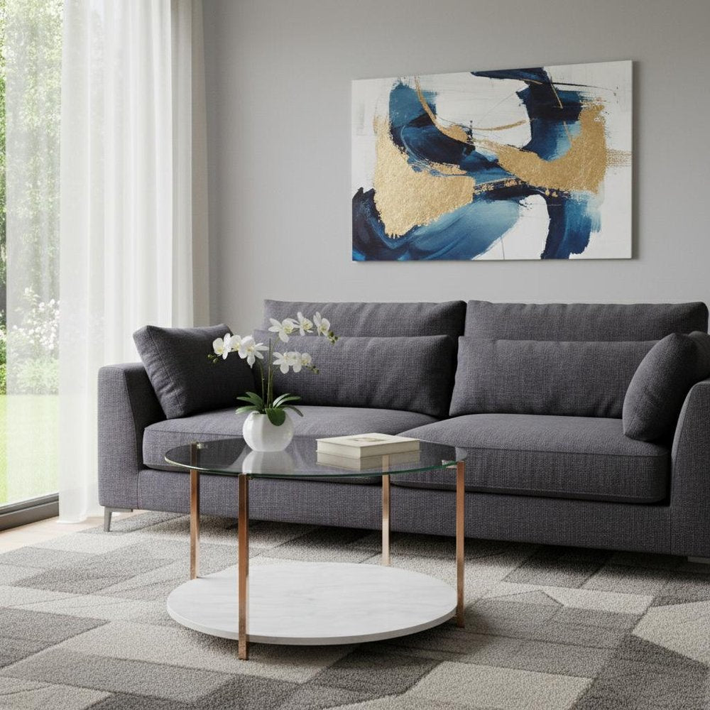 33" Gold Glam Glass And Faux Marble Two Tier Round Coffee Table