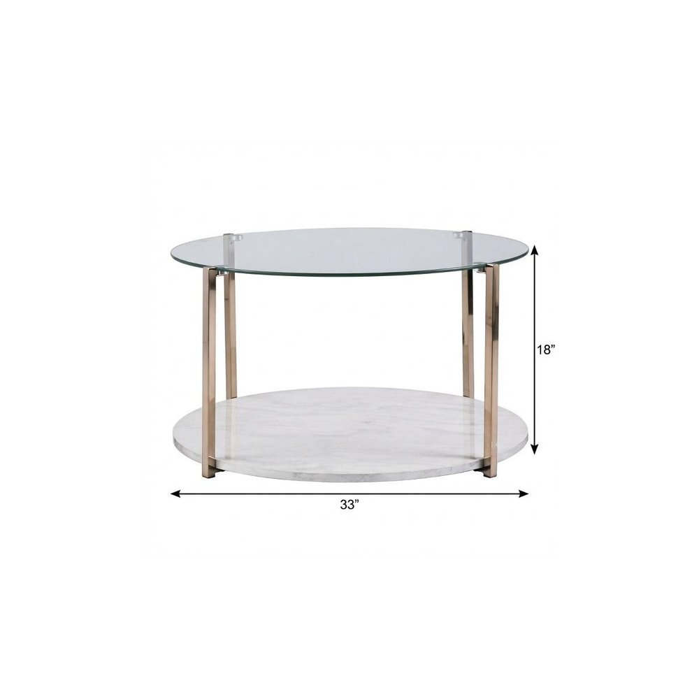 33" Gold Glam Glass And Faux Marble Two Tier Round Coffee Table