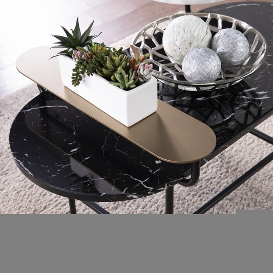 42" Black Faux Marble And Metal With Iron Coffee Table