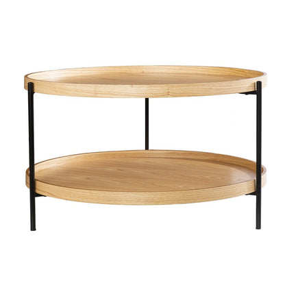 33" Natural and Black Wood and Metal Round Coffee Table