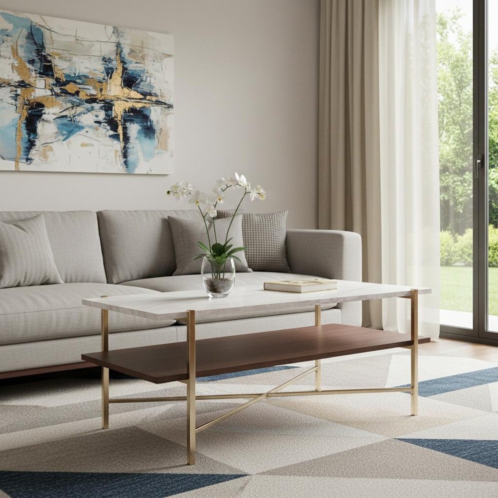 47" Brass Manufactured Wood And Metal Rectangular Coffee Table