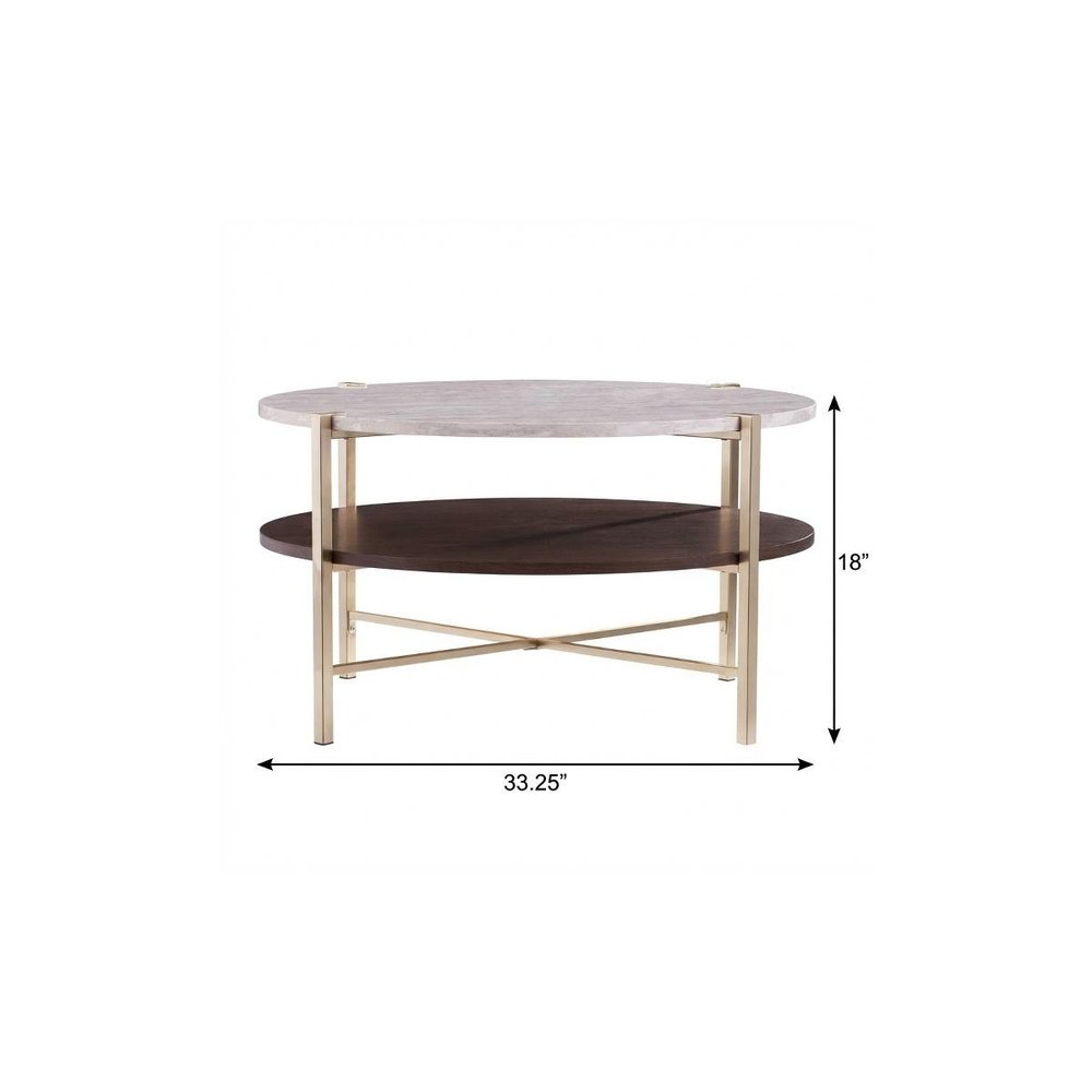 33" Brass Solid Manufactured Wood And Metal Round Coffee Table