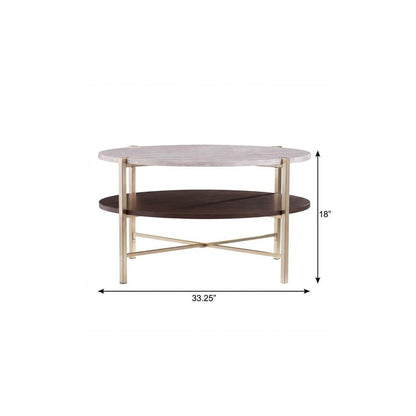 33" Brass Solid Manufactured Wood And Metal Round Coffee Table