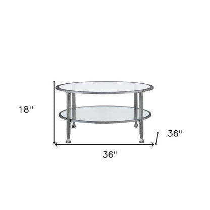 36" Silver Glass And Metal Round Coffee Table