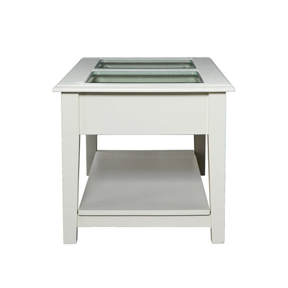 44" Off And White And Off-White Glass And Metal Rectangular Coffee Table