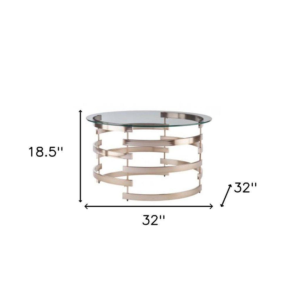 32" Clear And Champagne Glass And Metal With Iron Round Coffee Table