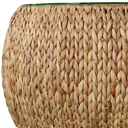 28" Natural And Natural Brown Glass And Solid Wood Square Coffee Table