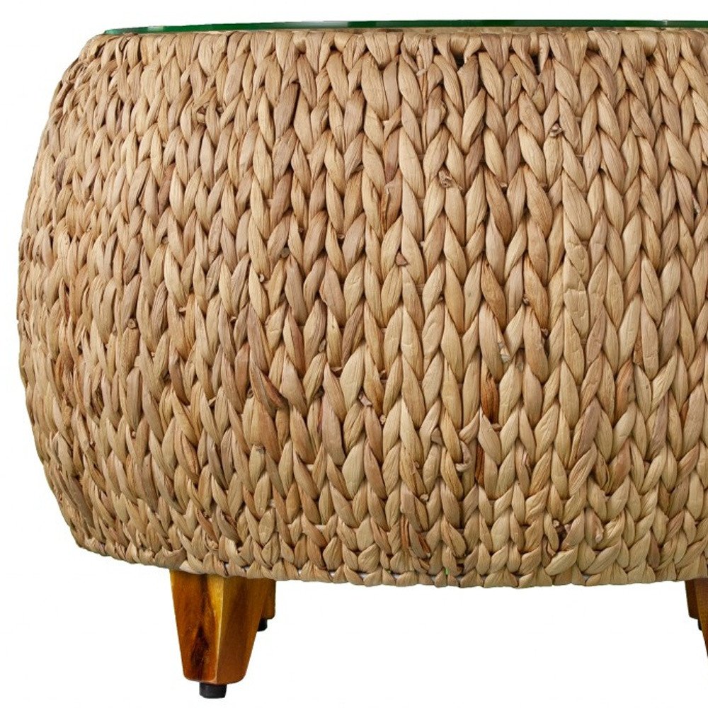 28" Natural And Natural Brown Glass And Solid Wood Square Coffee Table