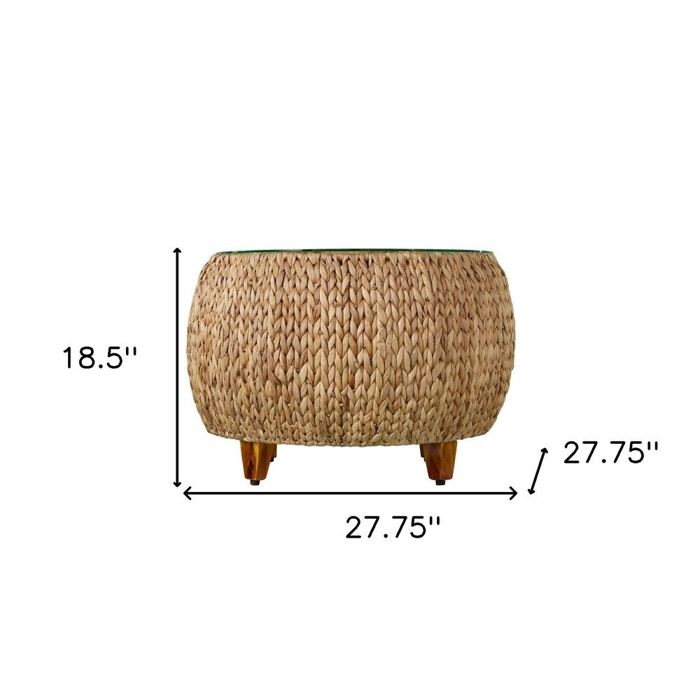 28" Natural And Natural Brown Glass And Solid Wood Square Coffee Table