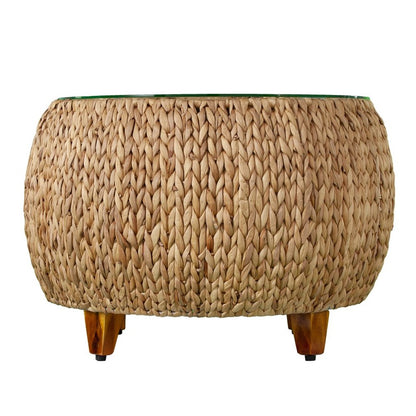 28" Natural And Natural Brown Glass And Solid Wood Square Coffee Table
