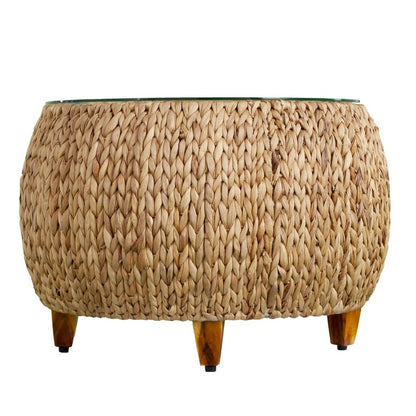 28" Natural And Natural Brown Glass And Solid Wood Square Coffee Table