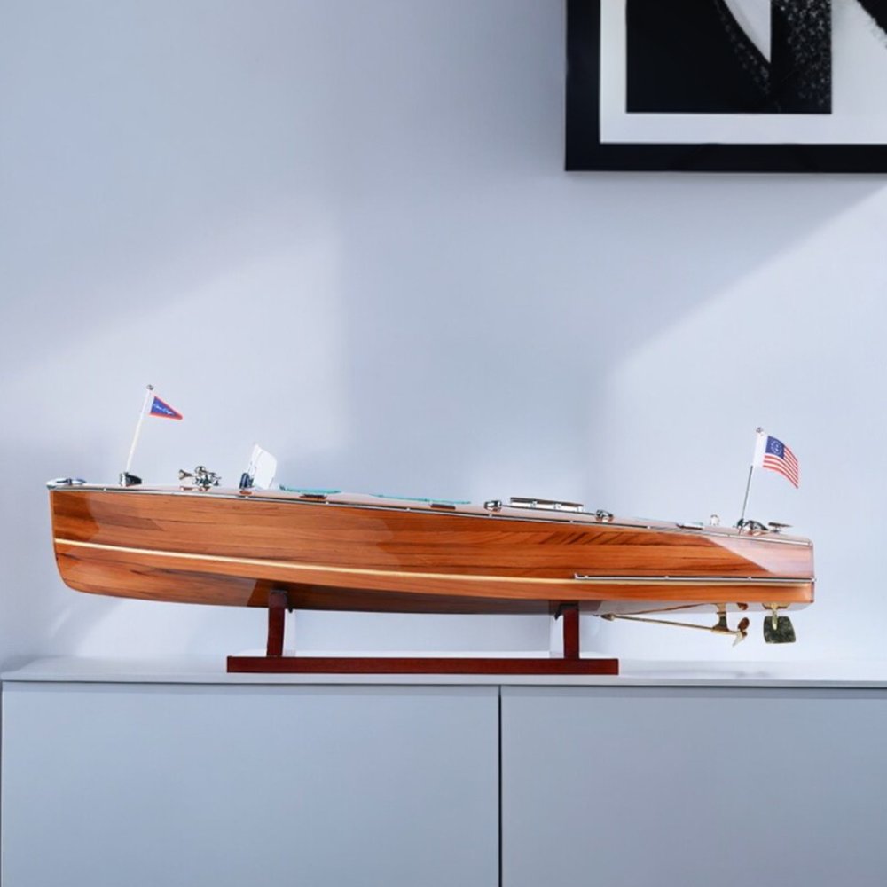 7" Wood Brown Solid Wood Hand Painted c1928 Chris Craft Triple Cockpit Medium Model Boat