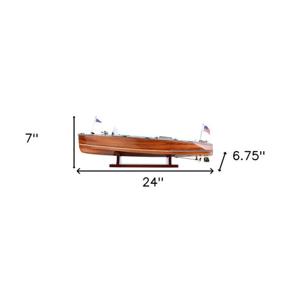 7" Wood Brown Solid Wood Hand Painted c1928 Chris Craft Triple Cockpit Medium Model Boat