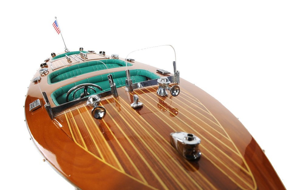 7" Wood Brown Solid Wood Hand Painted c1928 Chris Craft Triple Cockpit Medium Model Boat