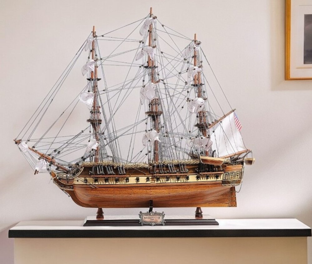 30" Wood Brown Solid Wood Hand Painted 1797 USS Constitution Medium Open Fron Display Case Model Boat