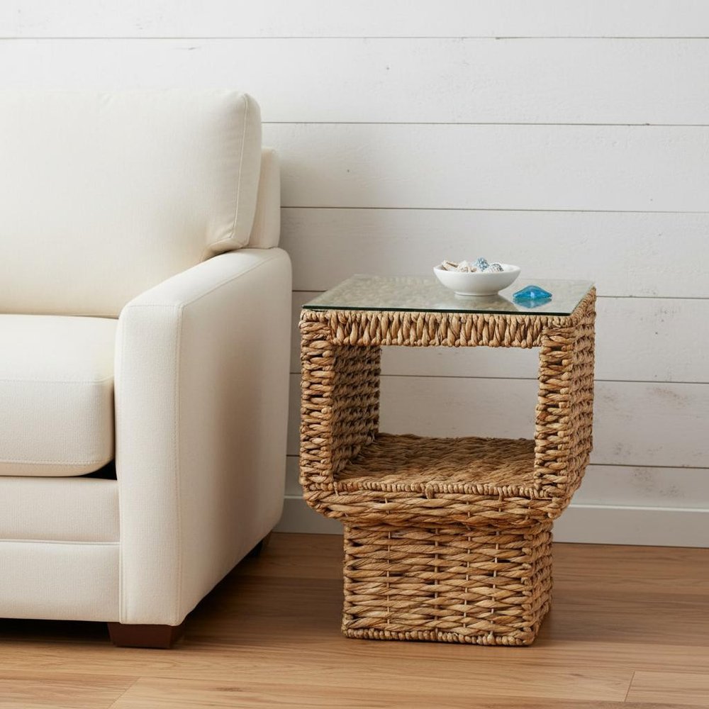 23" Brown And Clear Glass And Rattan Wicker Square End Table