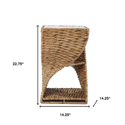 23" Brown And Natural Rattan Swirl Glass Top Square End Table