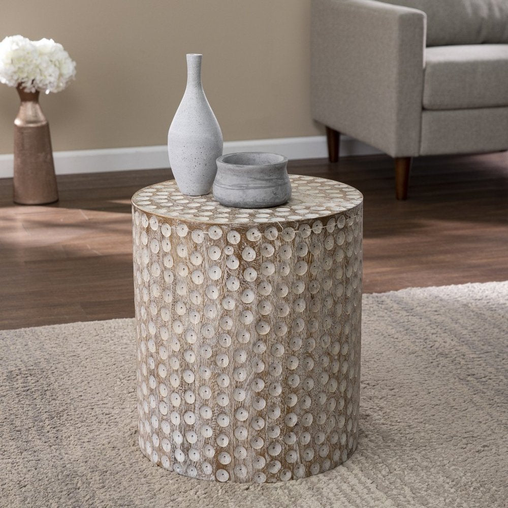 18" Washed White Solid Wood Round End Table
