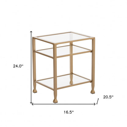 24" Gold Glass And Iron Rectangular End Table With Two Shelves