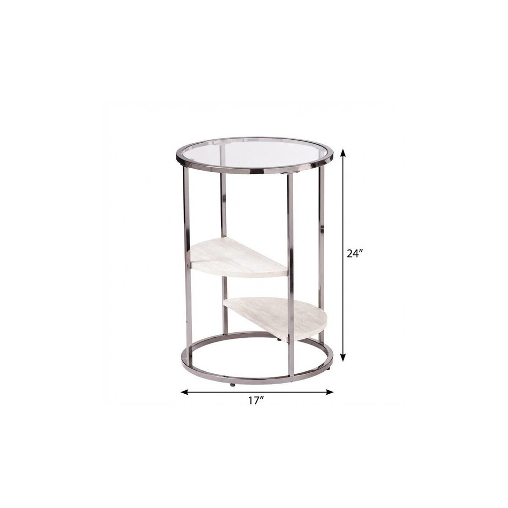 24" Black Glass And Iron Round Sled End Table With Two Shelves
