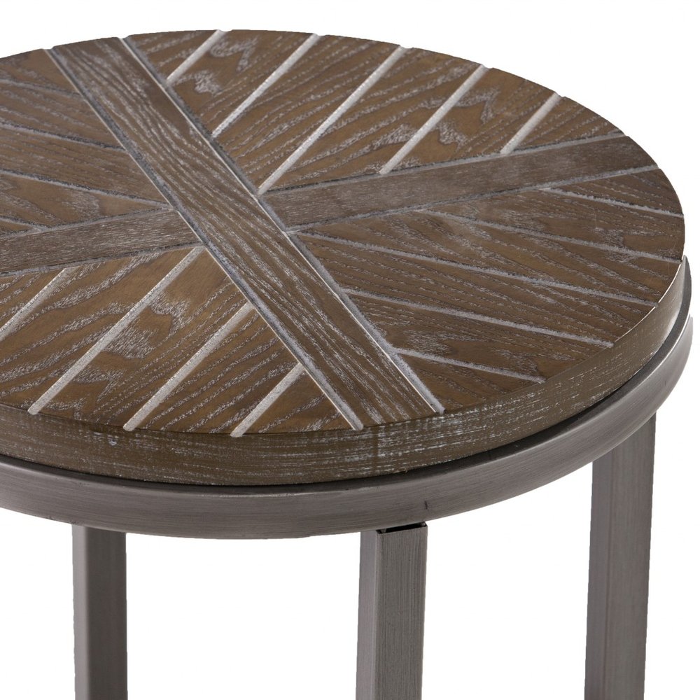 24" Brown Wood And Iron Round End Table With Shelf