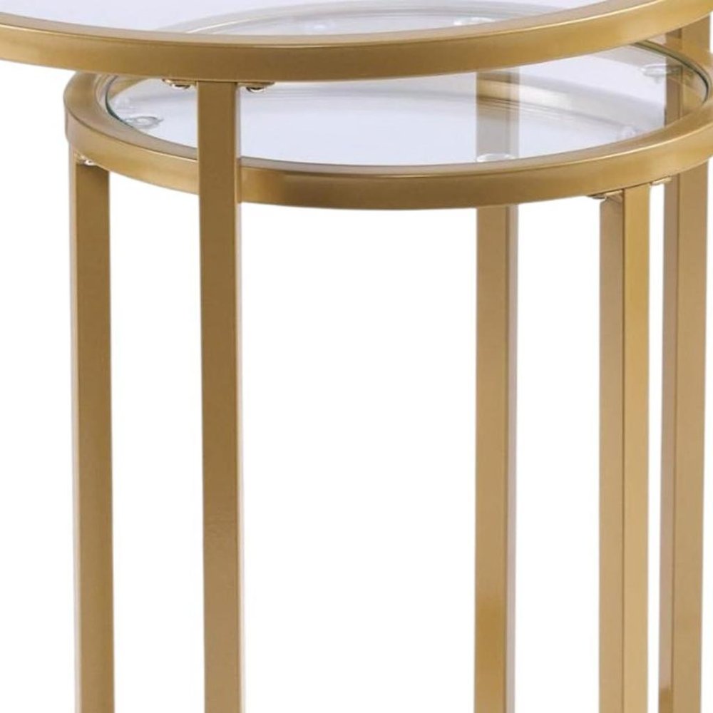 Set of Two Gold Glass And Steel Round Nested Tables