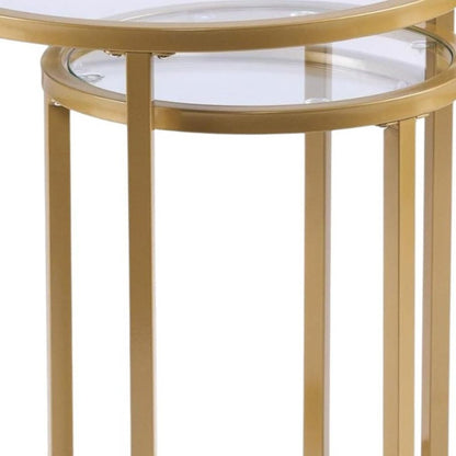 Set of Two Gold Glass And Steel Round Nested Tables