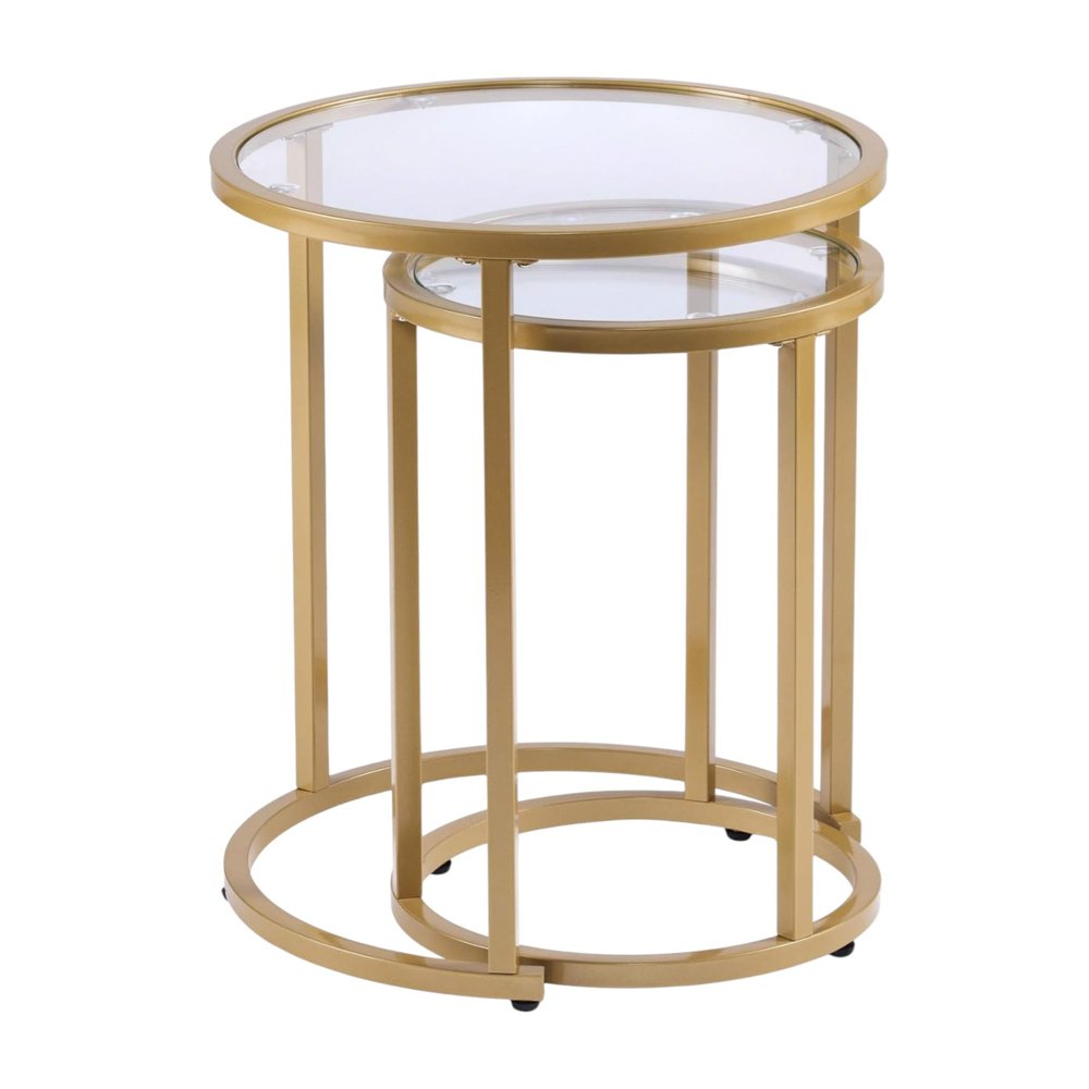 Set of Two Gold Glass And Steel Round Nested Tables