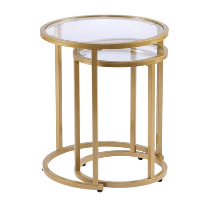Set Of Two 23" Gold Glass And Steel Round Nested Tables