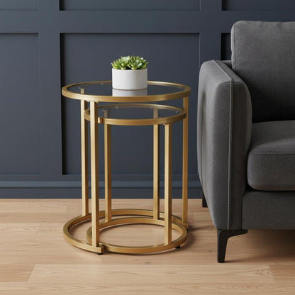 Set Of Two 23" Gold Glass And Steel Round Nested Tables