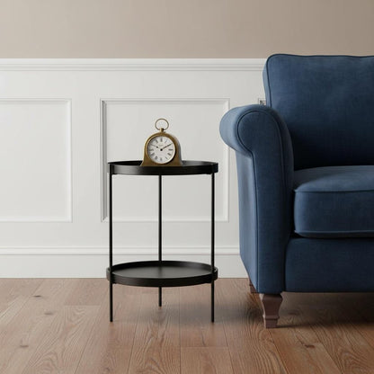 24" Black Manufactured Wood And Iron Round End Table With Shelf