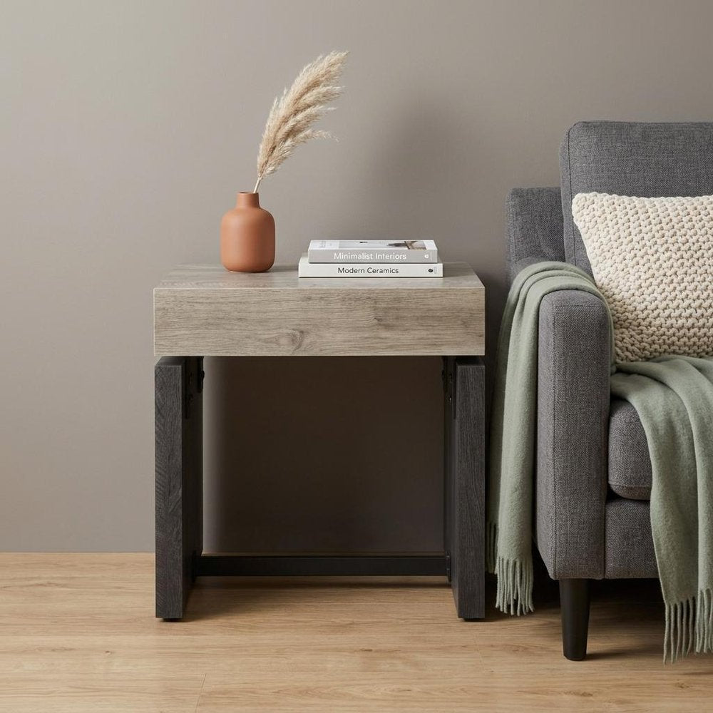 20" Natural Wood And Iron Square Sled End Table