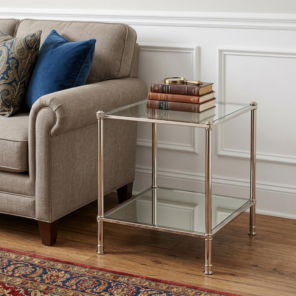 24" Silver Glass And Iron Square Mirrored End Table