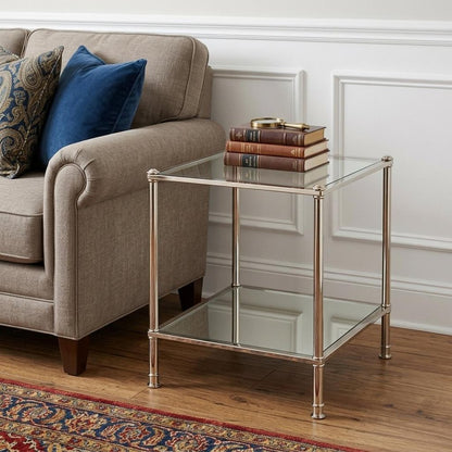 24" Silver Glass And Iron Square Mirrored End Table