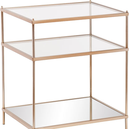 27" Gold And Clear Glass And Iron End Table With Mirrored Shelf