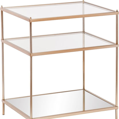 27" Gold And Clear Glass And Iron End Table With Mirrored Shelf