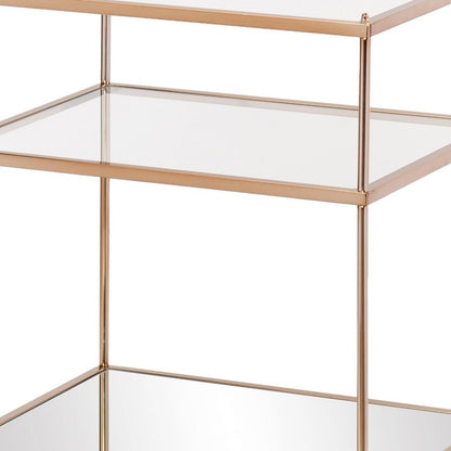 27" Gold And Clear Glass And Iron End Table With Mirrored Shelf